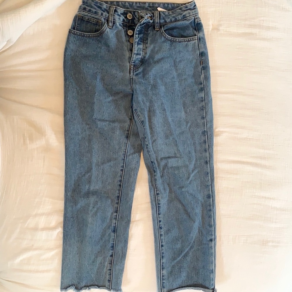 Cropped High-Rise Straight Leg Mid Wash Jeans
